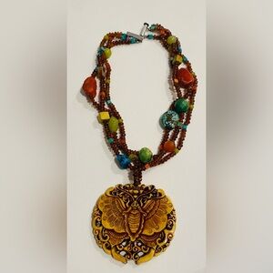 Beautiful Handmade Amber, Turquoise Butterfly Beaded Semi Precious Necklace.